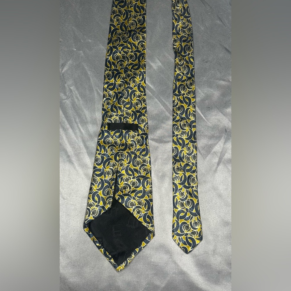 Men’s Dunhill Gold Blue Geometric Designer Luxury Silk Tie - Picture 3 of 4